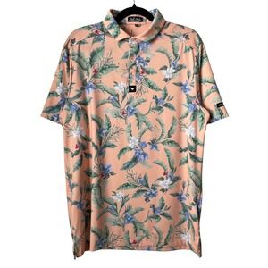Bad Birdie Polo Shirt Mens Medium Peach Tropical Floral Palm Leaf Golf Vacation